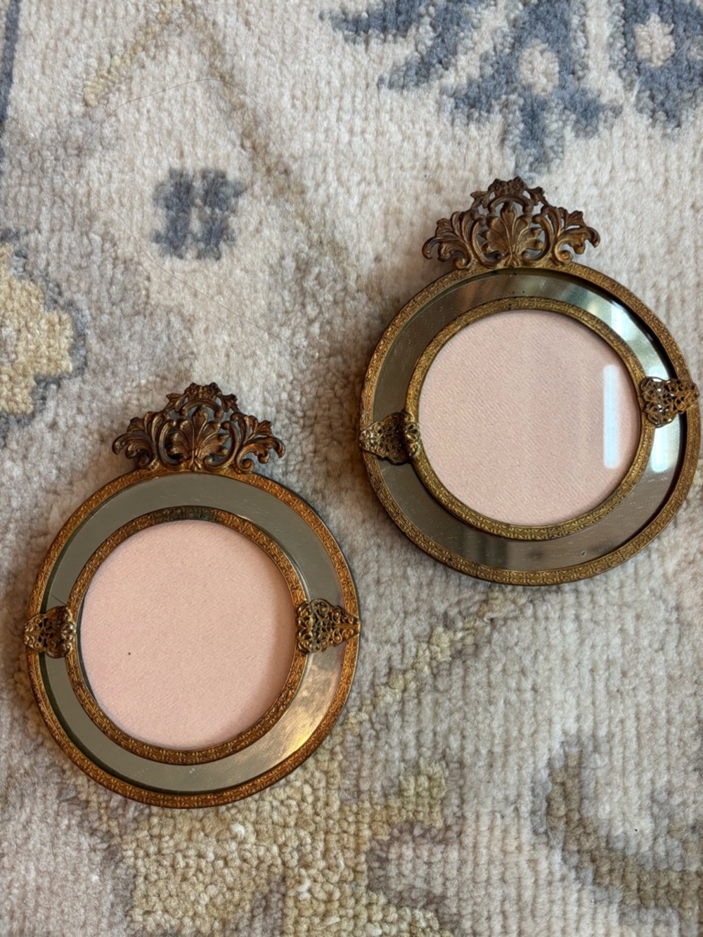 2 Mid-century modern Mirrored Round Gilt Filigree Wall Frames